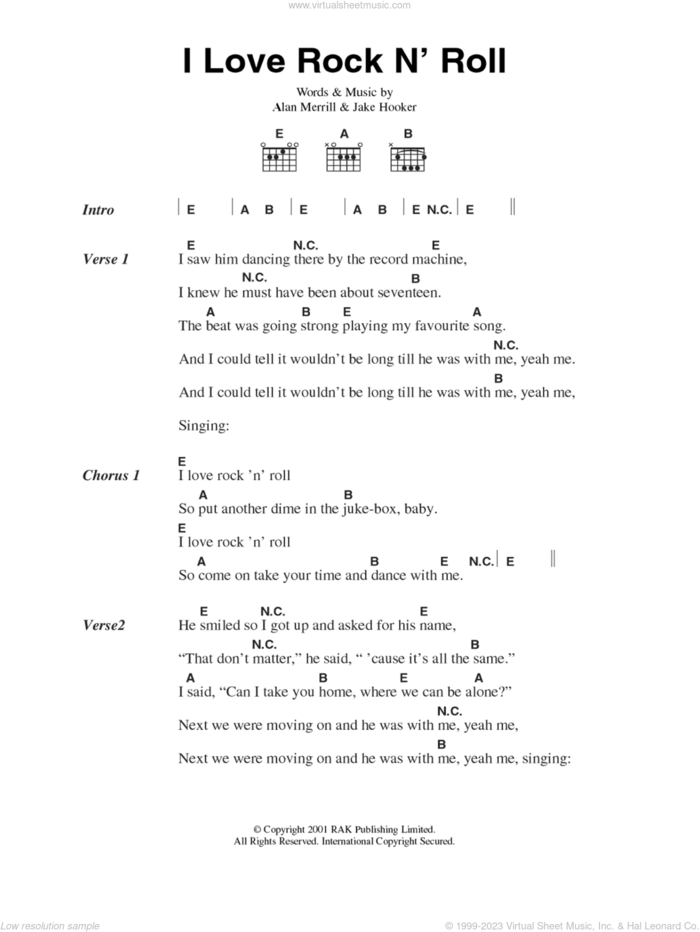 I Love Rock N' Roll sheet music for guitar (chords) by Joan Jett, Alan Merrill and Jake Hooker, intermediate skill level
