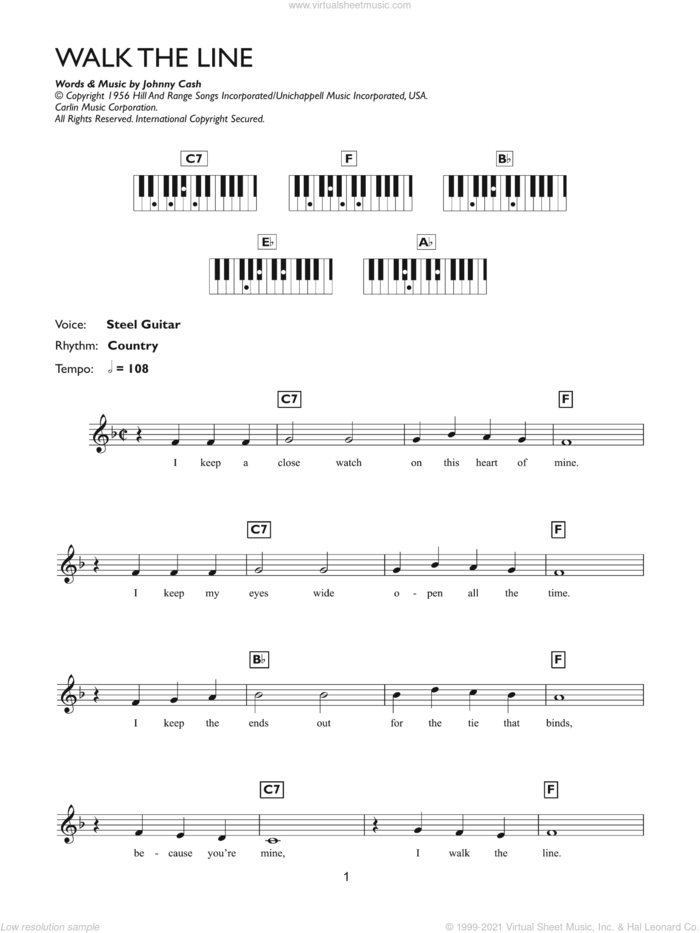 I Walk The Line sheet music for piano solo (chords, lyrics, melody) by Johnny Cash, intermediate piano (chords, lyrics, melody)