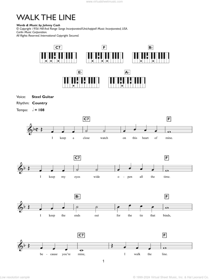 I Walk The Line sheet music for piano solo (chords, lyrics, melody) by Johnny Cash, intermediate piano (chords, lyrics, melody)