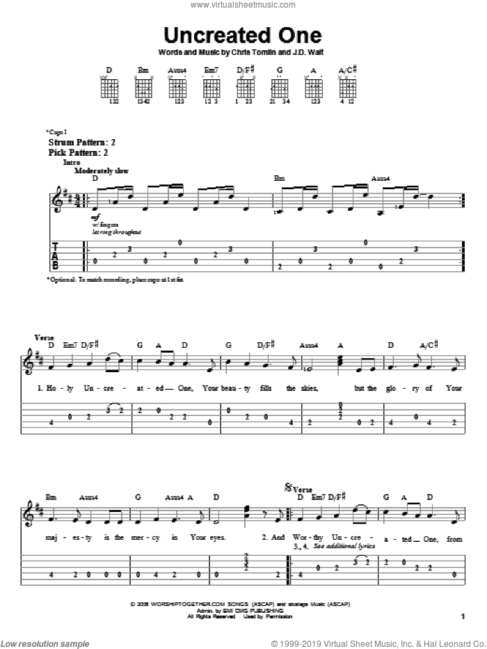 Uncreated One sheet music for guitar solo (easy tablature) by Chris Tomlin and J.D. Walt, easy guitar (easy tablature)