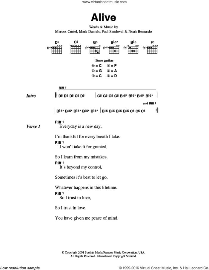 Alive sheet music for guitar (chords) by P.O.D., Marcos Curiel, Mark Daniels, Noah Bernardo and Paul Sandoval, intermediate skill level