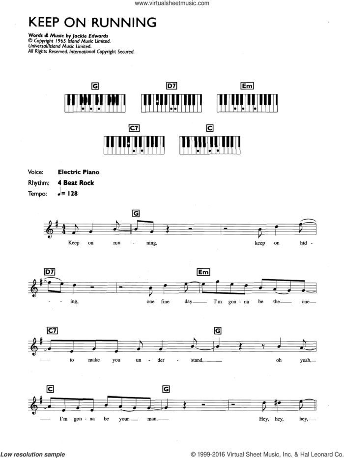 Keep On Running sheet music for piano solo (chords, lyrics, melody) by The Spencer Davis Group and Jackie Edwards, intermediate piano (chords, lyrics, melody)