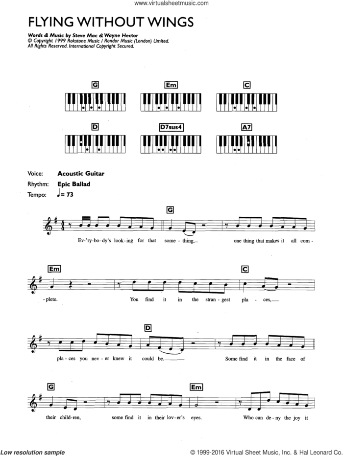 Flying Without Wings sheet music for piano solo (chords, lyrics, melody) by Westlife, Steve Mac and Wayne Hector, intermediate piano (chords, lyrics, melody)