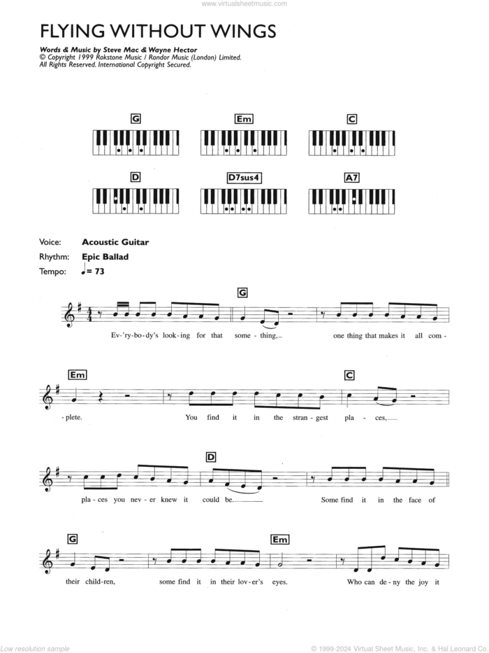 Flying Without Wings sheet music for piano solo (chords, lyrics, melody) by Westlife, Steve Mac and Wayne Hector, intermediate piano (chords, lyrics, melody)