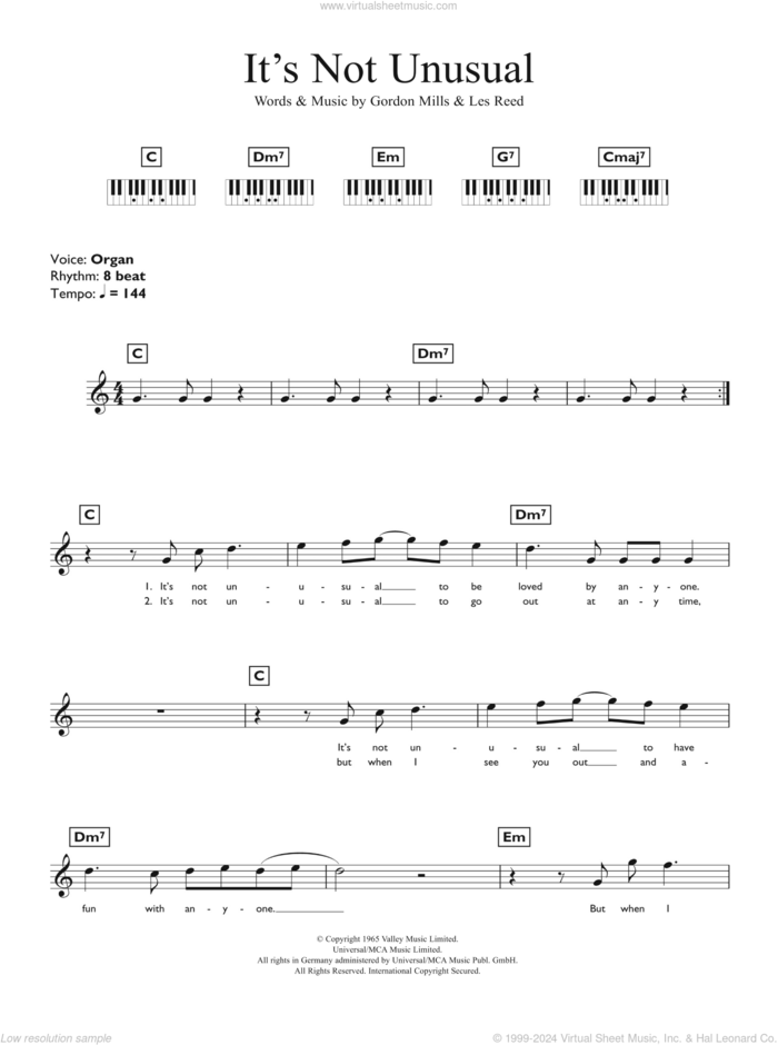 It's Not Unusual sheet music for piano solo (chords, lyrics, melody) by Tom Jones, Gordon Mills and Les Reed, intermediate piano (chords, lyrics, melody)