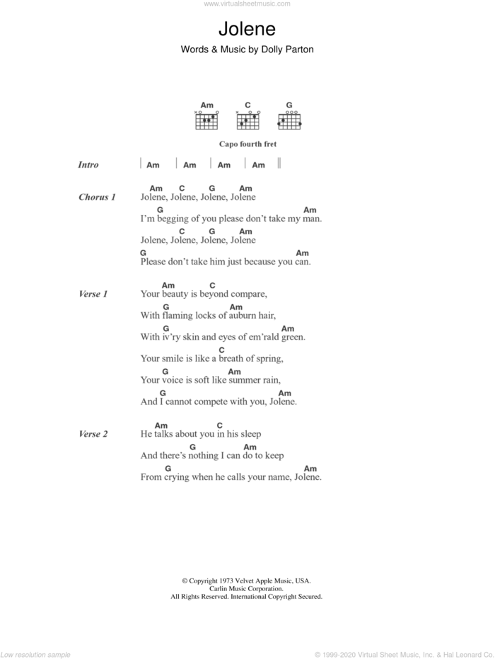 Jolene sheet music for guitar (chords) by Dolly Parton, intermediate skill level