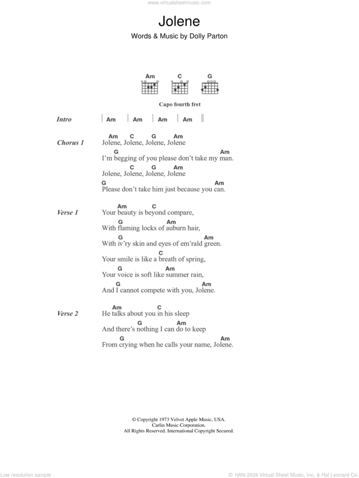 Jolene sheet music for guitar (chords) by Dolly Parton, intermediate skill level