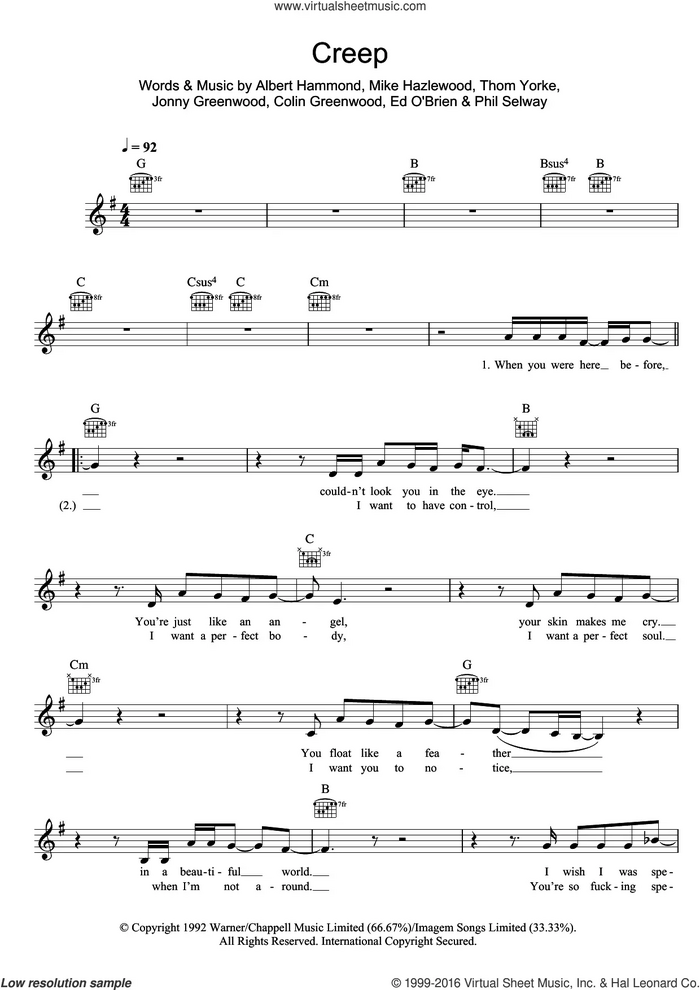 Creep sheet music for voice and other instruments (fake book) by Radiohead, Albert Hammond, Colin Greenwood, Jonny Greenwood, Michael Hazlewood, Phil Selway and Thom Yorke, intermediate skill level