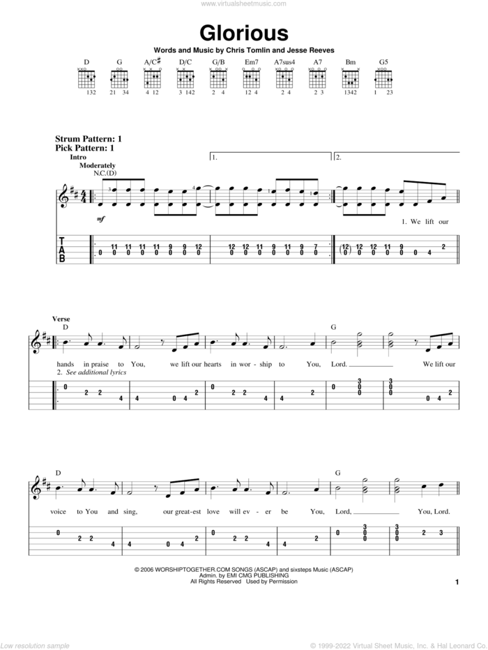 Glorious sheet music for guitar solo (easy tablature) by Chris Tomlin and Jesse Reeves, easy guitar (easy tablature)