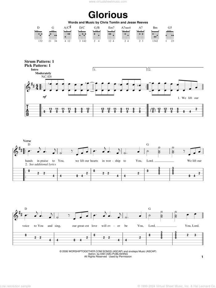 Glorious sheet music for guitar solo (easy tablature) by Chris Tomlin and Jesse Reeves, easy guitar (easy tablature)