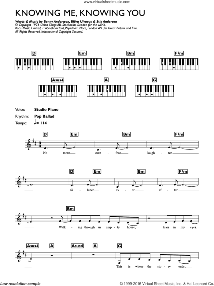 Knowing Me, Knowing You sheet music for piano solo (chords, lyrics, melody) by ABBA, Benny Andersson, Bjorn Ulvaeus and Stig Anderson, intermediate piano (chords, lyrics, melody)