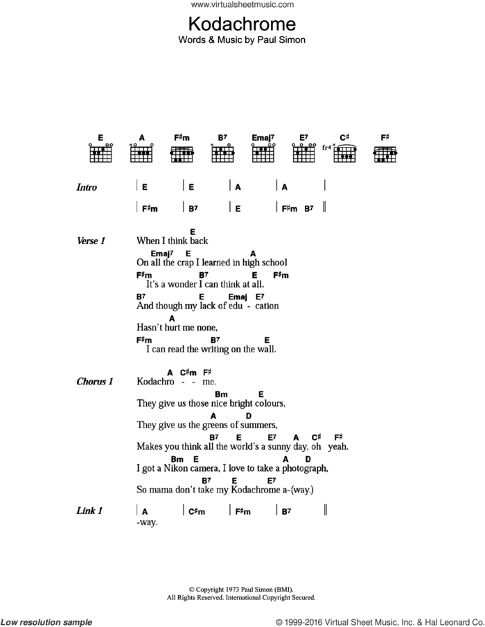 KodachromeTM sheet music for guitar (chords) by Paul Simon, intermediate skill level
