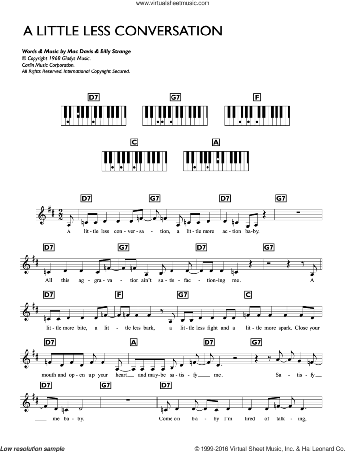 A Little Less Conversation sheet music for piano solo (chords, lyrics, melody) by Elvis Presley, Billy Strange and Scott Davis, intermediate piano (chords, lyrics, melody)