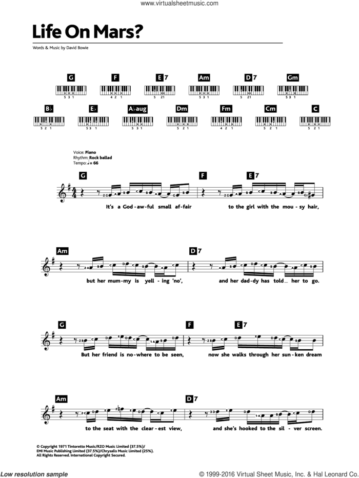 Life On Mars? sheet music for piano solo (chords, lyrics, melody) by David Bowie, intermediate piano (chords, lyrics, melody)