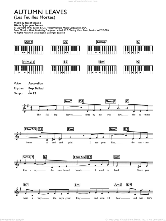 Autumn Leaves (Les Feuilles Mortes) sheet music for piano solo (chords, lyrics, melody) by Eva Cassidy, Jacques Prevert and Joseph Kosma, intermediate piano (chords, lyrics, melody)