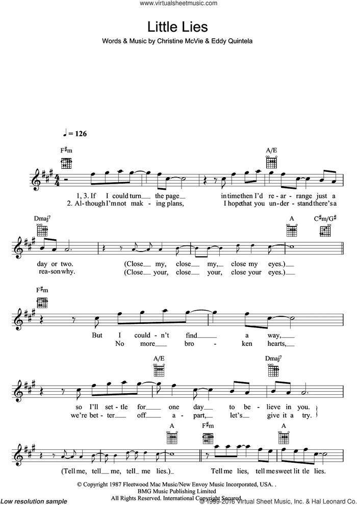 Little Lies sheet music for voice and other instruments (fake book) by Fleetwood Mac, Christine McVie and Eddy Quintela, intermediate skill level