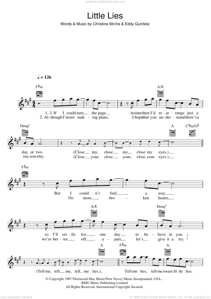 Little Lies sheet music for voice and other instruments (fake book) by Fleetwood Mac, Christine McVie and Eddy Quintela, intermediate skill level