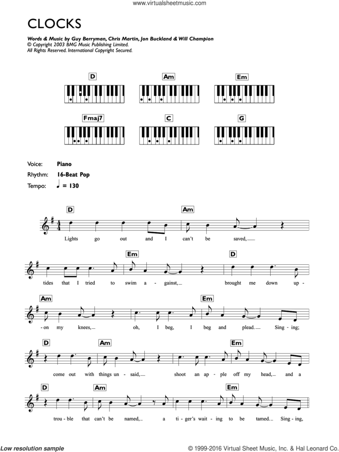 Clocks sheet music for piano solo (chords, lyrics, melody) by Coldplay, Chris Martin, Guy Berryman, Jonny Buckland and Will Champion, intermediate piano (chords, lyrics, melody)