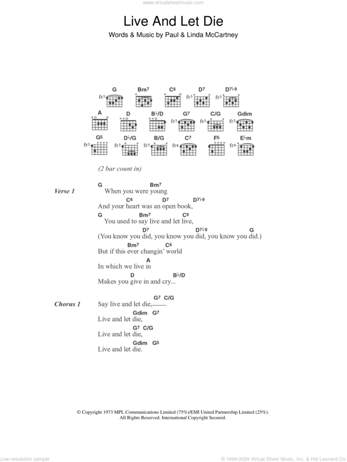 Live And Let Die (theme from the James Bond film) sheet music for guitar (chords) by Wings, Linda McCartney and Paul McCartney, intermediate skill level