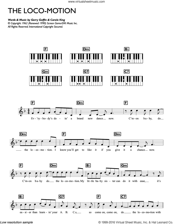 The Loco-Motion sheet music for piano solo (chords, lyrics, melody) by Kylie Minogue, Carole King and Gerry Goffin, intermediate piano (chords, lyrics, melody)