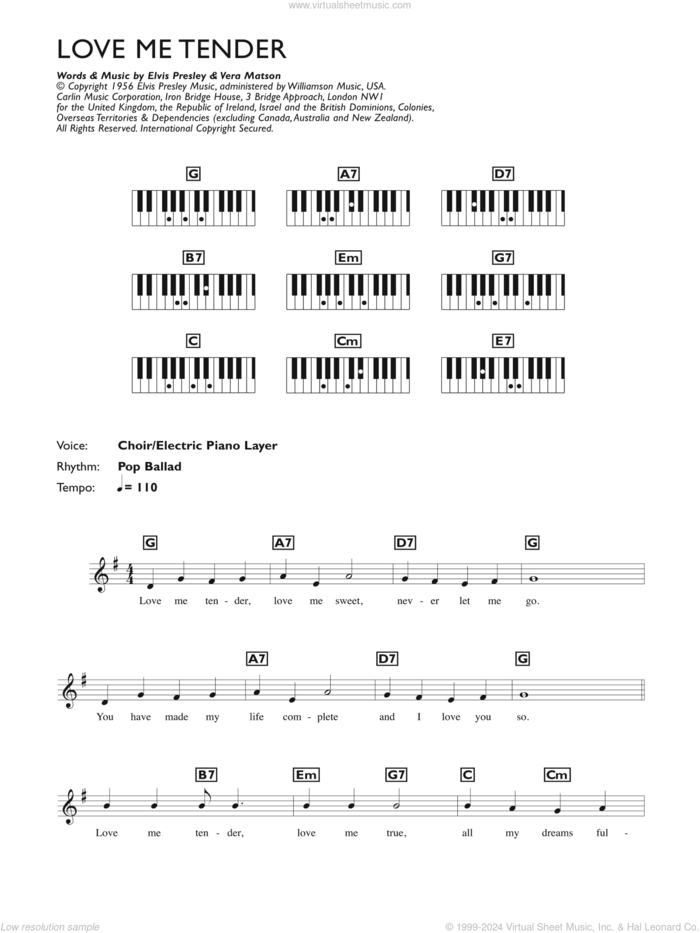 Love Me Tender sheet music for piano solo (chords, lyrics, melody) by Elvis Presley and Vera Matson, wedding score, intermediate piano (chords, lyrics, melody)