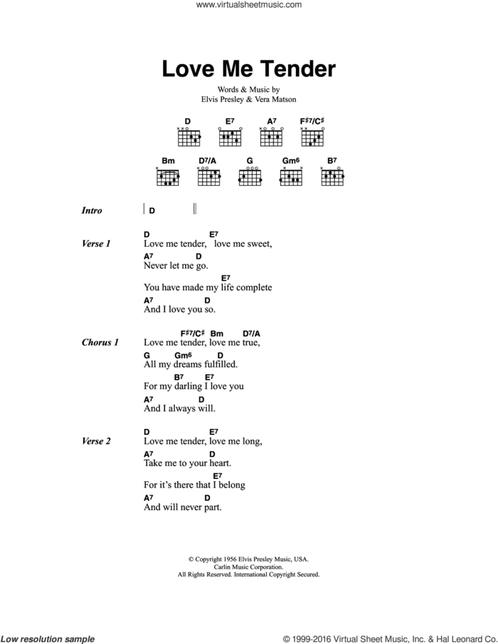 Love Me Tender sheet music for guitar (chords) by Elvis Presley and Vera Matson, wedding score, intermediate skill level