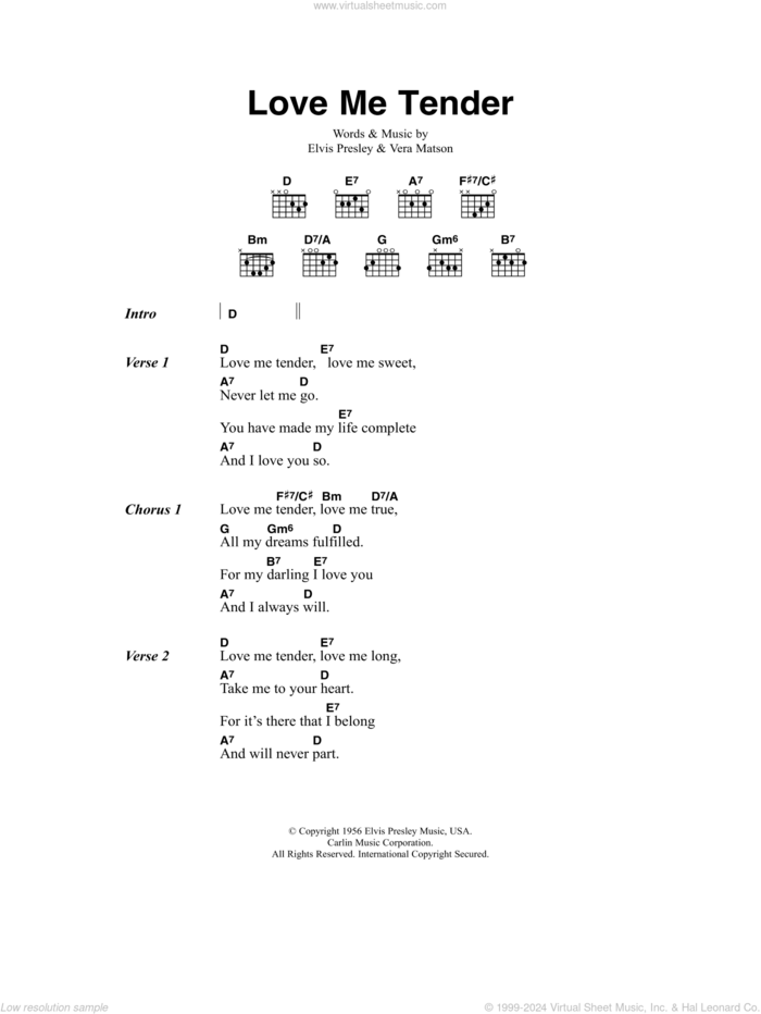 Love Me Tender sheet music for guitar (chords) by Elvis Presley and Vera Matson, wedding score, intermediate skill level