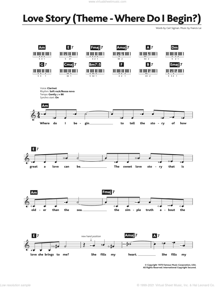 Where Do I Begin (theme from Love Story) sheet music for piano solo (chords, lyrics, melody) by Andy Williams, Carl Sigman and Francis Lai, intermediate piano (chords, lyrics, melody)