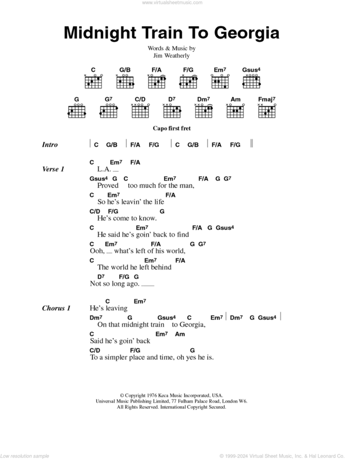 Midnight Train To Georgia sheet music for guitar (chords) by Gladys Knight & The Pips and Jim Weatherly, intermediate skill level