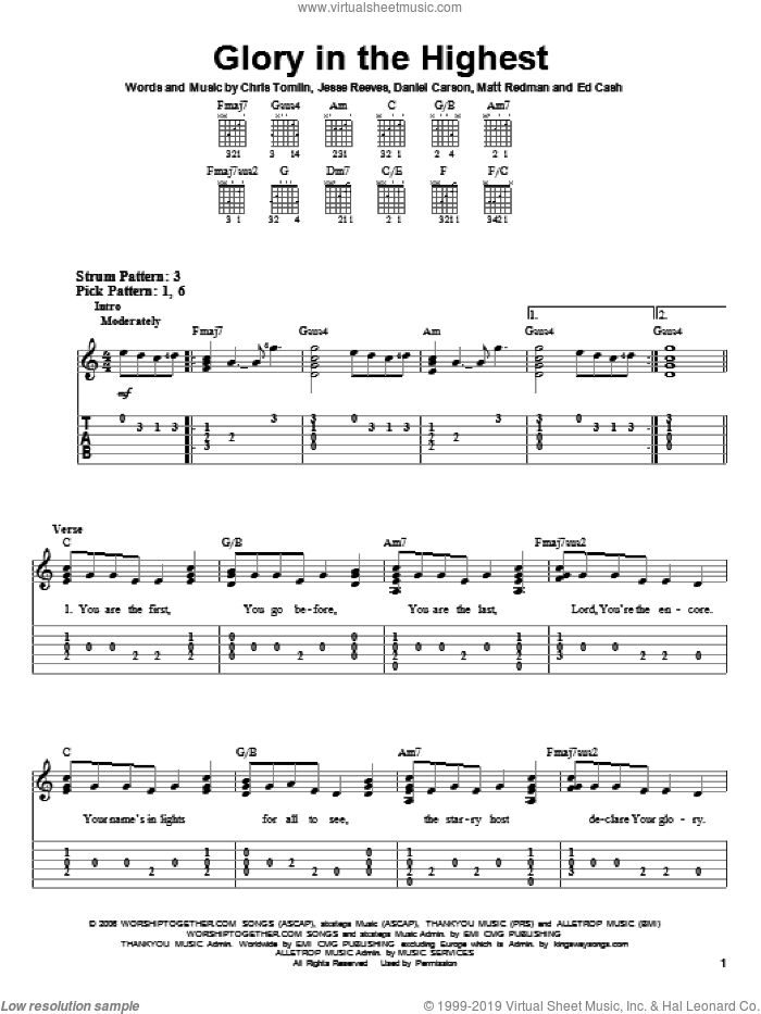 Glory In The Highest sheet music for guitar solo (easy tablature) by Chris Tomlin, Brenton Brown, Daniel Carson, Ed Cash, Jesse Reeves and Matt Redman, easy guitar (easy tablature)