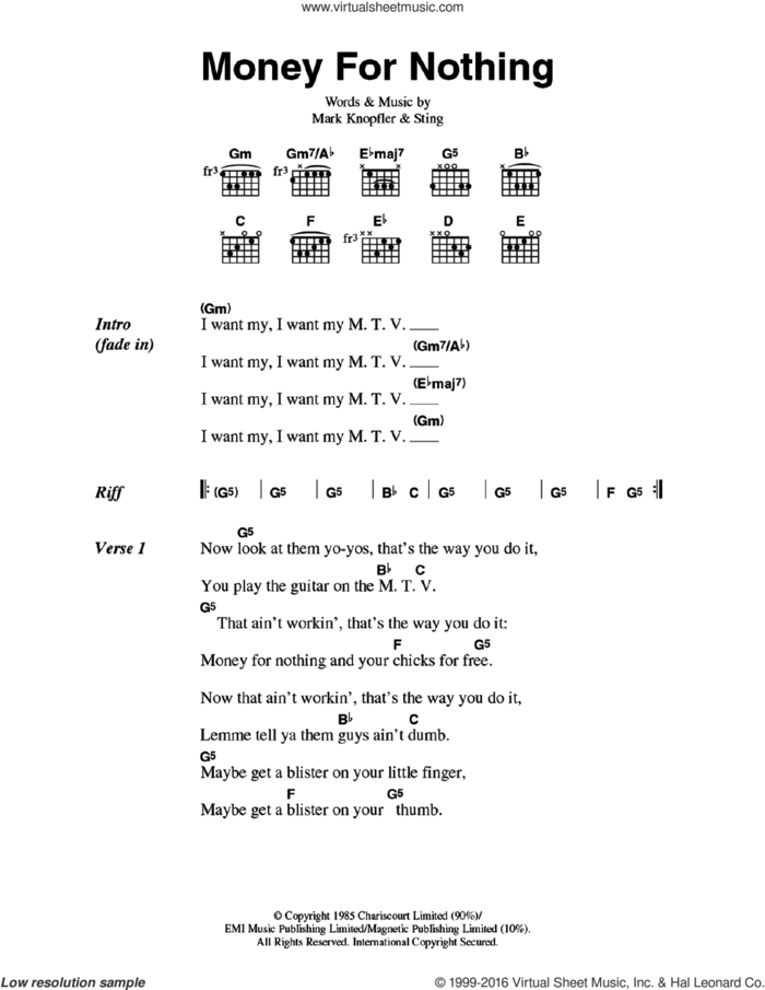 Money For Nothing sheet music for guitar (chords) by Dire Straits and Mark Knopfler, intermediate skill level