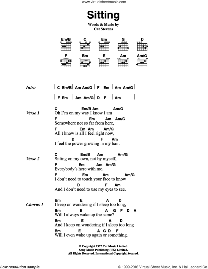 Sitting sheet music for guitar (chords) by Cat Stevens, intermediate skill level