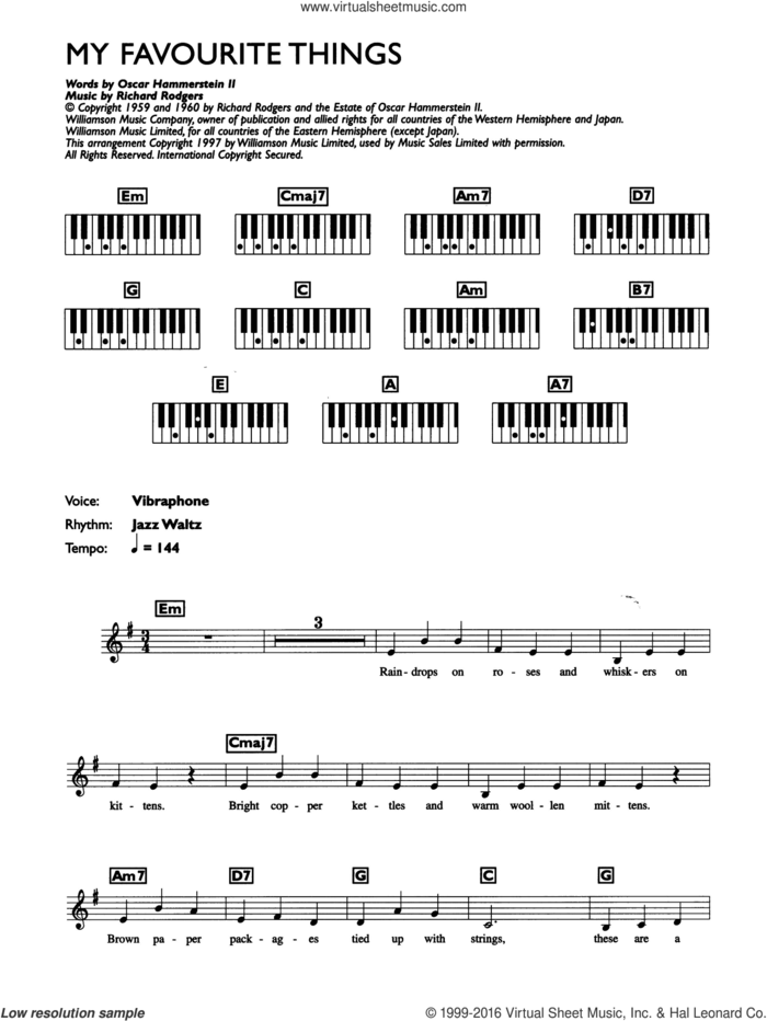 My Favorite Things (from The Sound Of Music) sheet music for piano solo (chords, lyrics, melody) by Julie Andrews, Oscar II Hammerstein and Richard Rodgers, intermediate piano (chords, lyrics, melody)