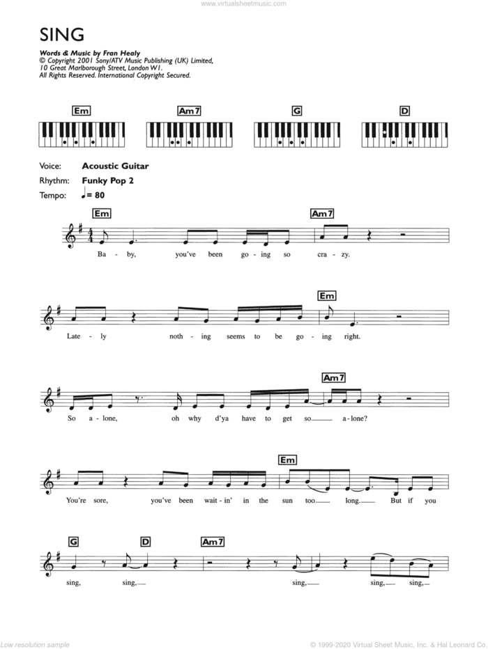 Sing sheet music for piano solo (chords, lyrics, melody) (PDF)