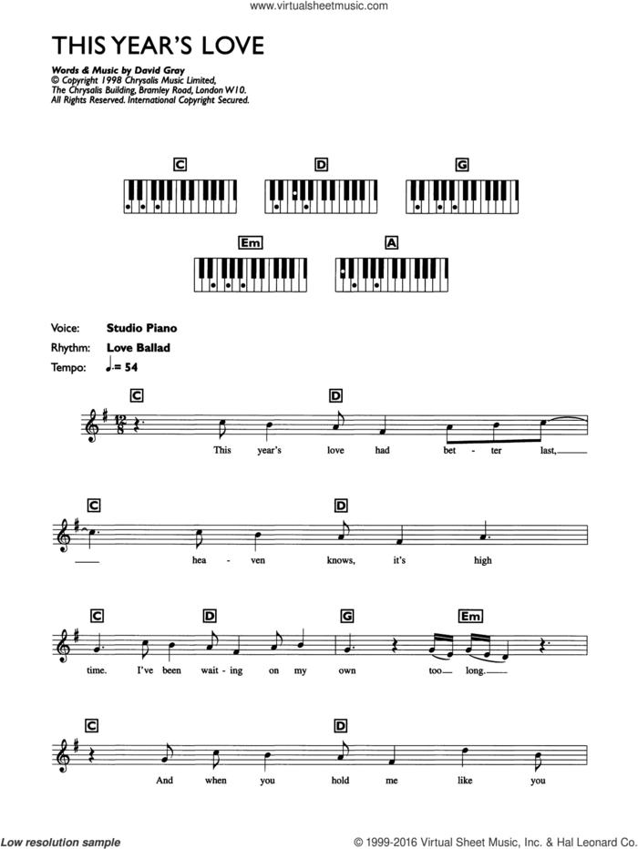 This Year's Love sheet music for piano solo (chords, lyrics, melody) by David Gray, intermediate piano (chords, lyrics, melody)