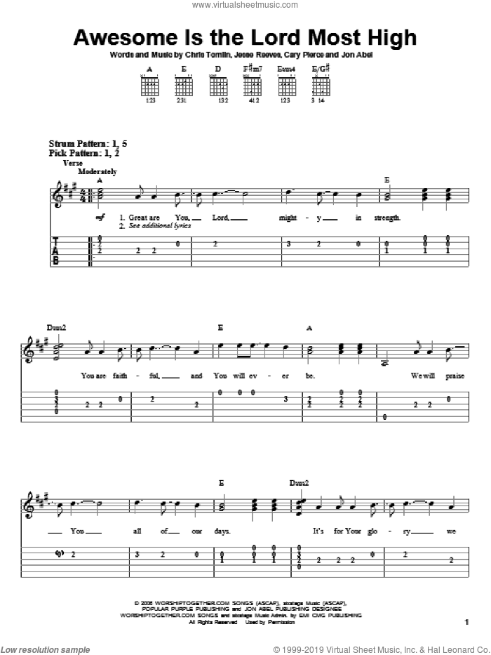Awesome Is The Lord Most High sheet music for guitar solo (easy tablature) by Chris Tomlin, Brenton Brown, Cary Pierce, Jesse Reeves and Jon Abel, easy guitar (easy tablature)