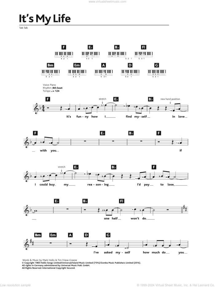 It's My Life sheet music for piano solo (chords, lyrics, melody) by Talk Talk, Mark Hollis and Tim Friese-Greene, intermediate piano (chords, lyrics, melody)