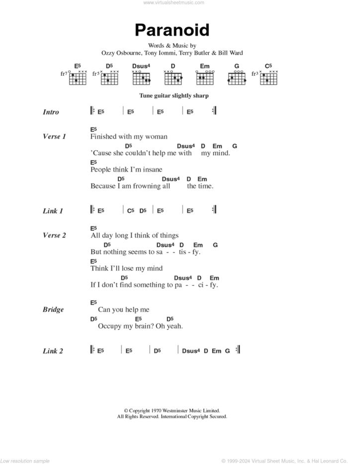 Paranoid sheet music for guitar (chords) by Black Sabbath, Bill Ward, Ozzy Osbourne and Tony Iommi, intermediate skill level