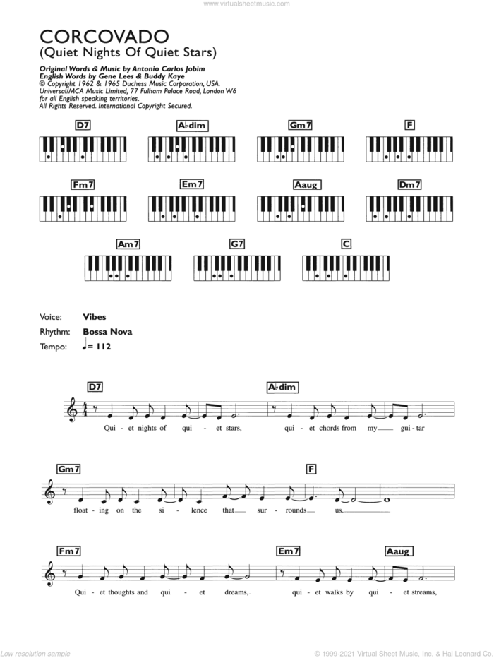 Corcovado (Quiet Nights Of Quiet Stars) sheet music for piano solo (chords, lyrics, melody) by Antonio Carlos Jobim and Giorgio Calabrese, intermediate piano (chords, lyrics, melody)