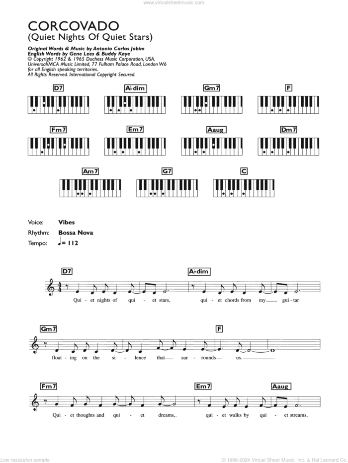 Corcovado (Quiet Nights Of Quiet Stars) sheet music for piano solo (chords, lyrics, melody) by Antonio Carlos Jobim and Giorgio Calabrese, intermediate piano (chords, lyrics, melody)