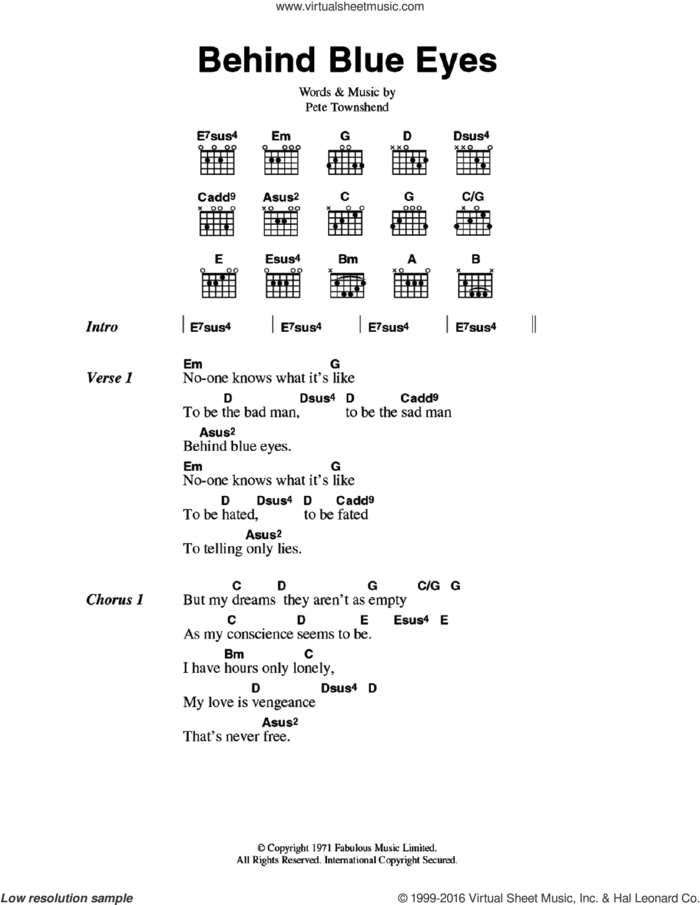 Behind Blue Eyes sheet music for guitar (chords) by The Who and Pete Townshend, intermediate skill level