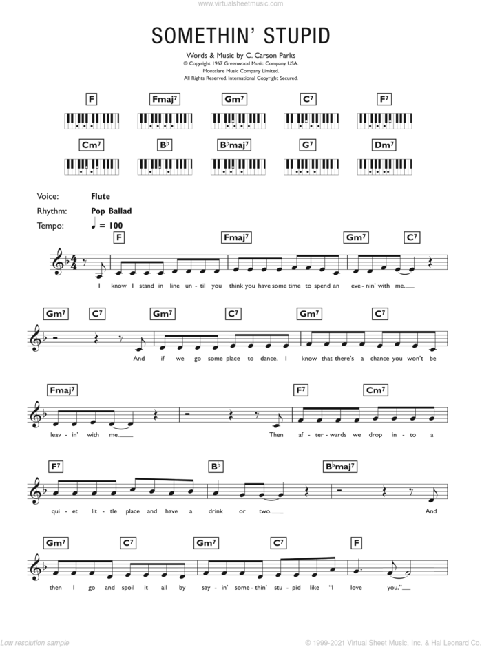 Somethin' Stupid sheet music for piano solo (chords, lyrics, melody) by Frank Sinatra and C. Carson Parks, intermediate piano (chords, lyrics, melody)