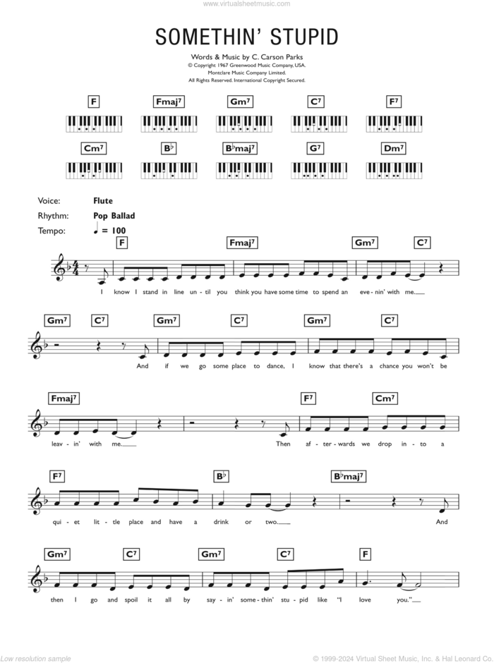 Somethin' Stupid sheet music for piano solo (chords, lyrics, melody) by Frank Sinatra and C. Carson Parks, intermediate piano (chords, lyrics, melody)