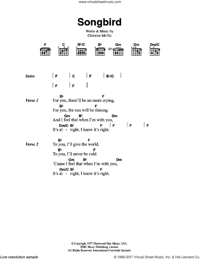 Songbird sheet music for guitar (chords) by Fleetwood Mac and Christine McVie, intermediate skill level