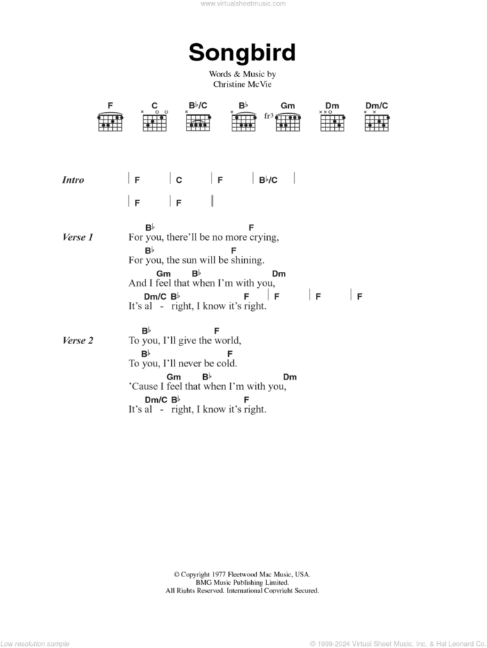 Songbird sheet music for guitar (chords) by Fleetwood Mac and Christine McVie, intermediate skill level