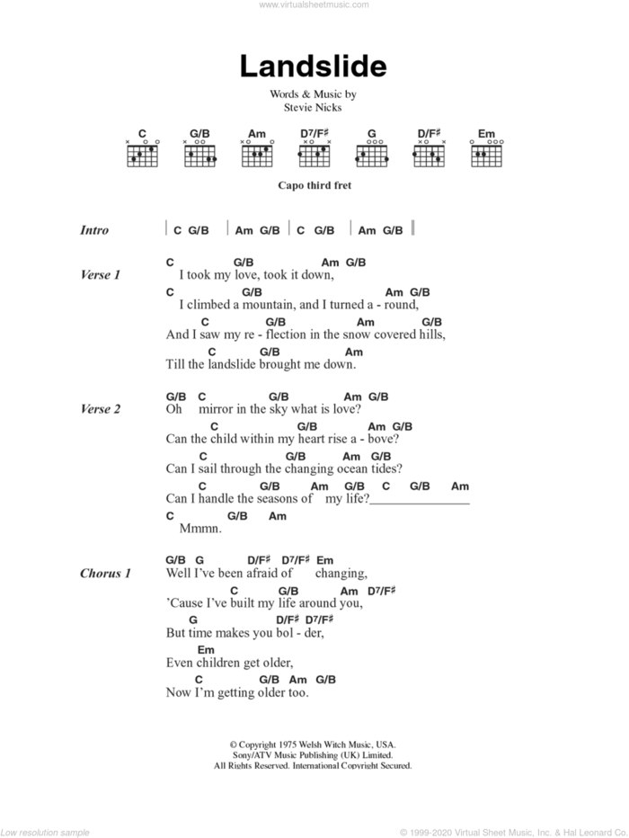 Landslide sheet music for guitar (chords) by Fleetwood Mac and Stevie Nicks, intermediate skill level