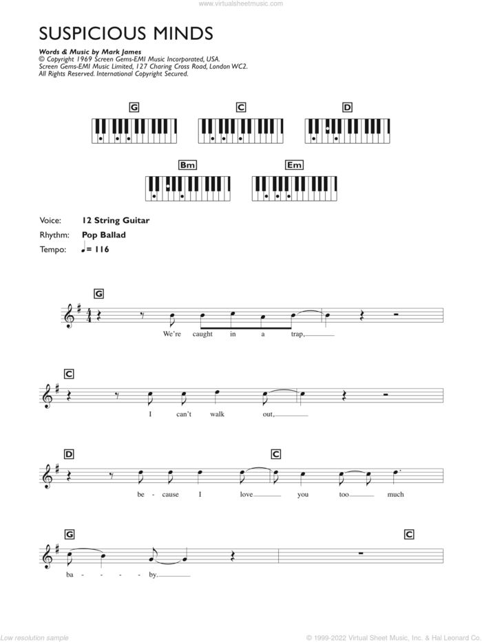Suspicious Minds sheet music for piano solo (keyboard) by Elvis Presley and Francis Zambon, intermediate piano (keyboard)