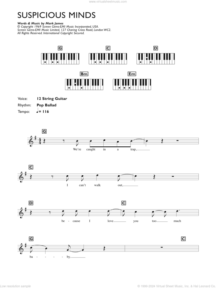 Suspicious Minds sheet music for piano solo (keyboard) by Elvis Presley and Francis Zambon, intermediate piano (keyboard)