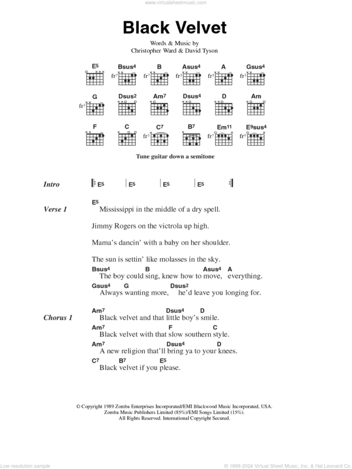 Black Velvet sheet music for guitar (chords) by Alannah Myles, Christopher Ward and David Tyson, intermediate skill level