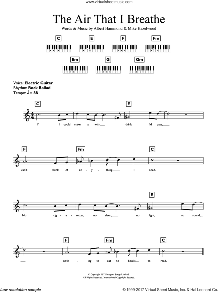 The Air That I Breathe sheet music for piano solo (chords, lyrics, melody) by The Hollies, Albert Hammond and Michael Hazlewood, intermediate piano (chords, lyrics, melody)
